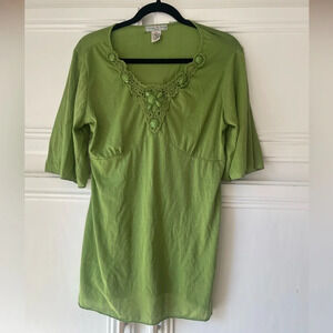 Vintage Suzie Green Beaded Petite Large 3/4 Sleeve Top Stretch USA Wmn's L